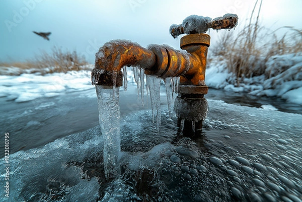Obraz Close-up of a metal faucet outdoors in mid-winter, frozen droplets forming around the tap, icy textures, cold environment, frost accumulation, frozen water, metallic details, winter chill, intricate i