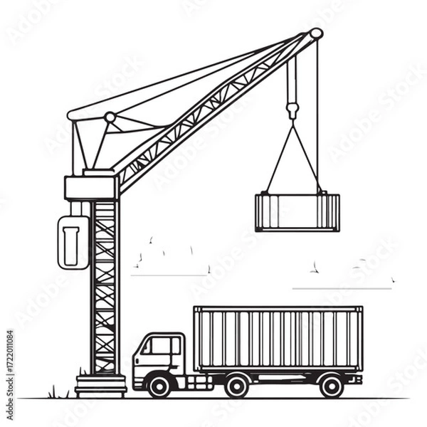 Fototapeta Crane Lifting Shipping Container on Truck silhouette, Car Transporter Silhouette, Black white isolated vector, Crane Lifting Shipping Container on Truck vector illustration on white background See Les