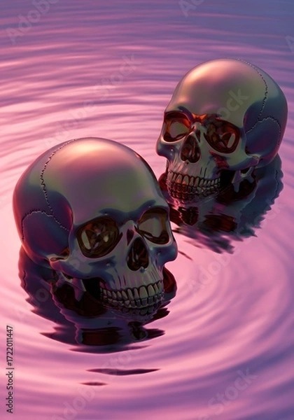 Fototapeta Metallic skulls on a pink water surface creating a surreal and slightly eerie image