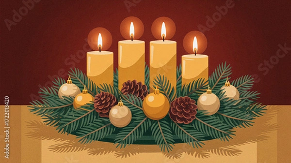Fototapeta Beautiful glowing holiday candle arrangement with pine branches, baubles, pinecones, ornaments and warm red background, symbol of seasonal celebration, peace, and tradition