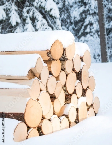 Obraz Stacked logs in snow