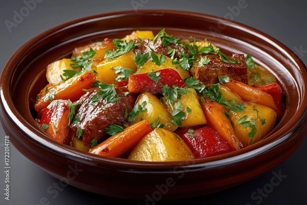 Fototapeta Rustic Beef Stew with Potatoes and Carrots in Clay Pot