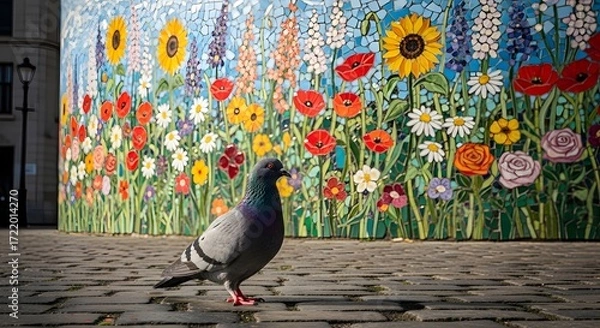 Fototapeta Pigeon standing before a colorful mosaic flower wall on a cobblestone ground area