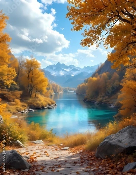 Fototapeta Autumn lake with colorful forest and mountain landscape