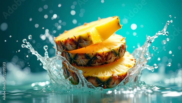 Obraz Juicy Pineapple Slices Splashing in Clear Water