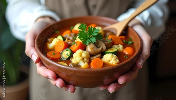 Obraz Hearty Vegetable Soup with Mushrooms and Herbs