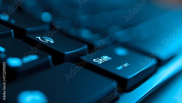 Obraz Close up shot of a dark computer keyboard with blue lighting