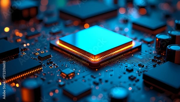 Obraz Close up of a glowing central processing unit on a circuit board