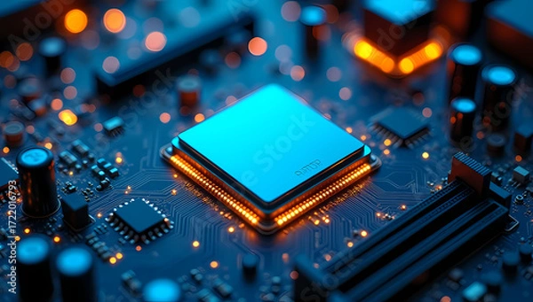 Obraz Central Microprocessor Unit on Advanced Circuit Board Technology Glowing