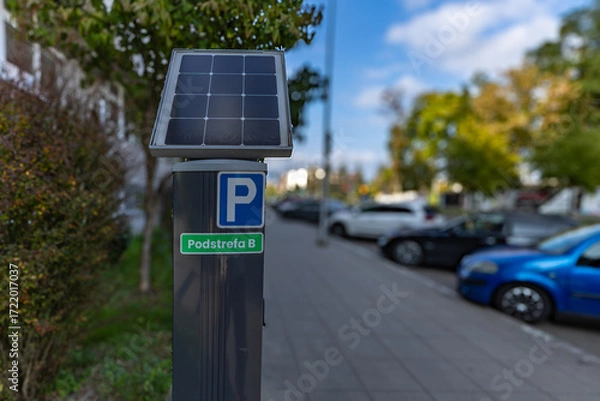 Fototapeta Parking meter for collecting parking fees in the city center, Zone A, Zone B, Czestochowa Poland