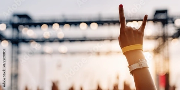 Fototapeta A person's hand makes a rock-and-roll gesture at an outdoor concert, wearing a wristband and watch