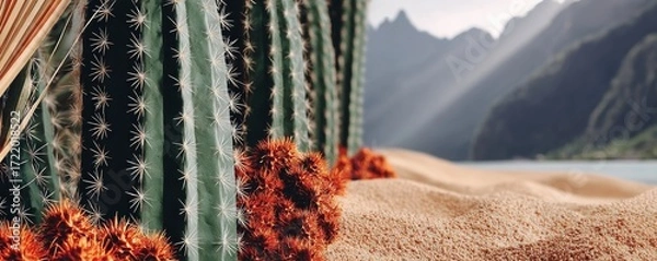 Fototapeta A stunning vista of majestic mountains frames a close-up of vibrant cacti and spiky desert plants nestled in golden sand