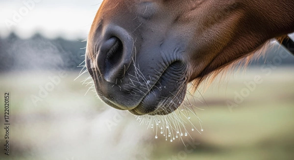 Fototapeta Close-up of horse muzzle with breath vapor in nature. capturing natural textures and details in candid animal photography for poster design.