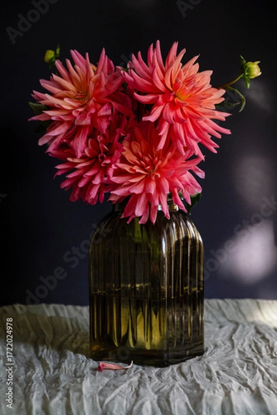 Fototapeta Bouquet of dahlias in green glass vase on dark background with sunlight.Vase of autumn flowers stands on table.Concept: greeting card, autumn holidays. Selective focus. Vertical