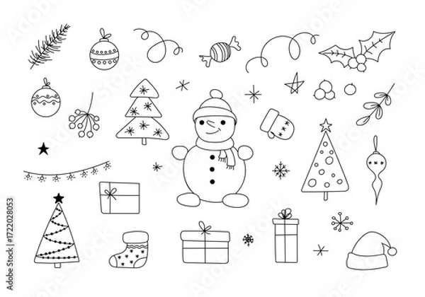 Fototapeta A set of Christmas elements, isolated on a white background, vector illustration with a line. A collection of New Year decorative holiday symbols for decoration, design, postcards, labels, hand-drawn