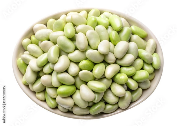 Fototapeta A white bowl filled with fresh lima beans showing their plump and oval shape isolated on transparent background