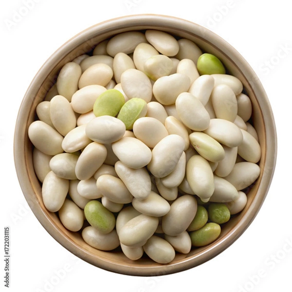 Fototapeta A close up overhead view of a bowl filled with fresh lima beans isolated on transparent background