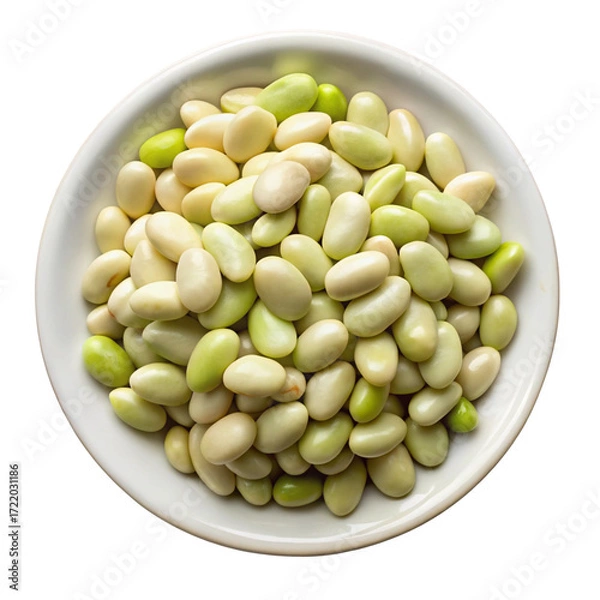 Fototapeta A white ceramic bowl filled with fresh green and white lima beans isolated on transparent background