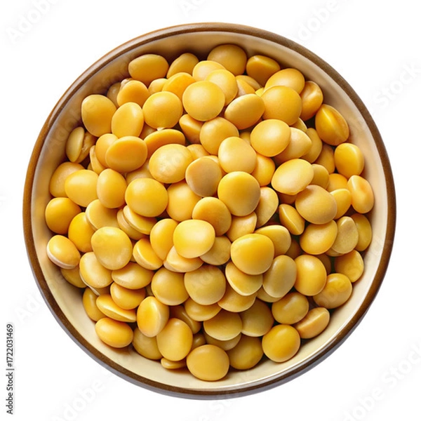 Fototapeta A top down view of a rustic bowl filled with golden yellow lupini beans isolated on transparent background