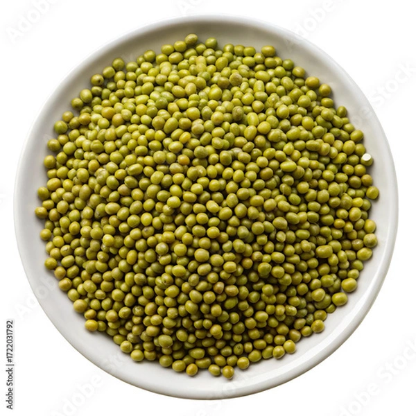 Fototapeta A white ceramic bowl filled with small round green mung beans isolated on transparent background