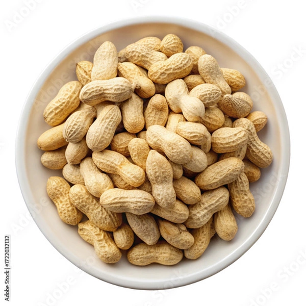 Fototapeta A white bowl overflowing with unopened peanuts in their shells isolated on transparent background