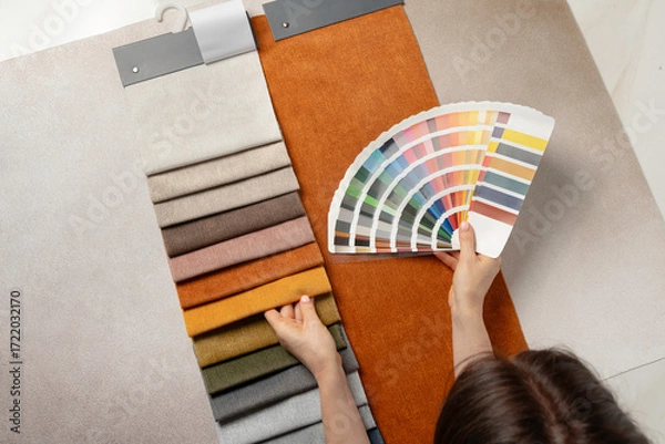 Fototapeta Fabric samples and color palette for custom furniture design, textile swatches for upholstery, interior decoration and creative material selection.