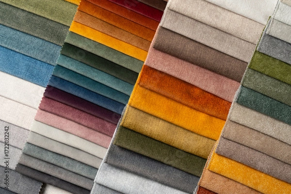 Fototapeta Colorful fabric samples for custom furniture and interior design, textile swatches for upholstery, home decoration and stylish material selection.