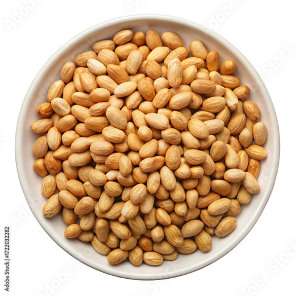 Fototapeta A white bowl filled with shelled peanuts viewed from directly above isolated on transparent background