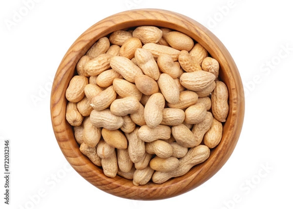 Fototapeta A rustic wooden bowl overflowing with whole unpeeled peanuts isolated on transparent background