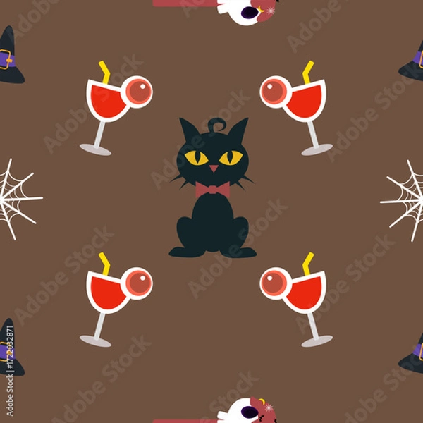 Fototapeta A seamless Halloween pattern featuring pumpkins, bats, ghosts, and spooky elements in festive colors. Perfect for seasonal backgrounds and decorations.