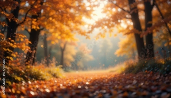 Fototapeta Golden Autumn Path Through Sunlit Forest With Warm Leaves, Blurred Focus.