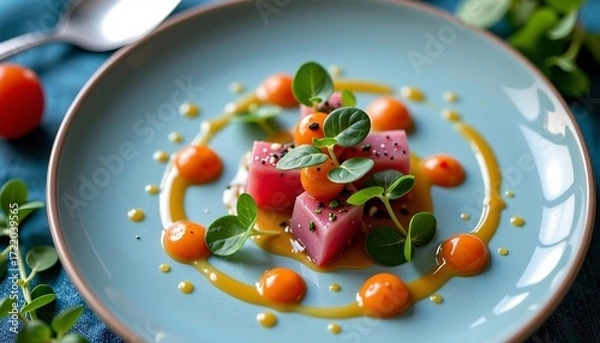 Fototapeta Elegant Fine Dining with Microgreens and Glistening Sauces