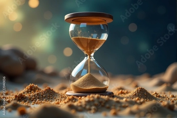 Fototapeta An hourglass on sand with scattered grains, representing time passing and reflection.