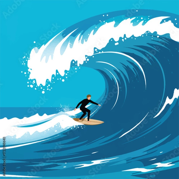 Obraz Surfer riding a large blue wave with white spray