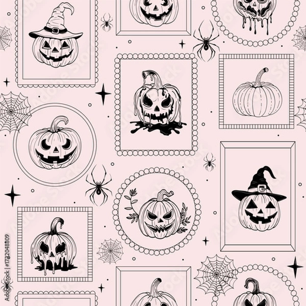 Fototapeta Cute Seamless Halloween Pattern with Spooky Pumpkins in Frames, Spiders, Bows, and Stars