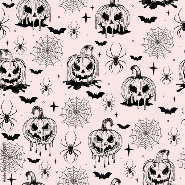 Fototapeta Cute Seamless Halloween Pattern with Spooky Pumpkins, Spiders, Webs, Bats, and Stars