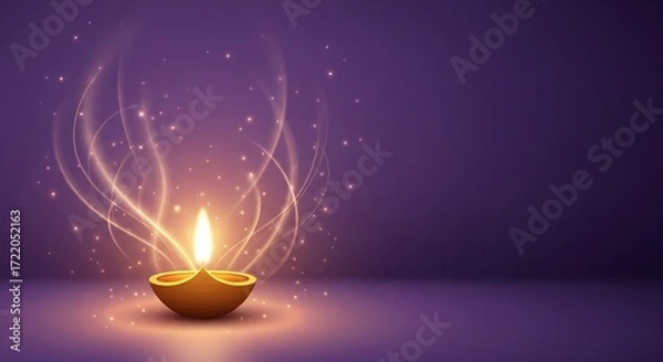 Fototapeta Golden illuminated oil lamp with sparkling light trails on a dark purple background, offering copy space.