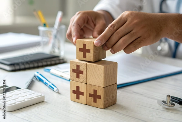 Fototapeta Health insurance concept, hands placing plus icon onwooden cube, symbolizing halthcare access