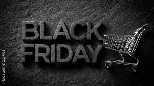 Fototapeta Black friday shopping concept with shopping cart on dark background