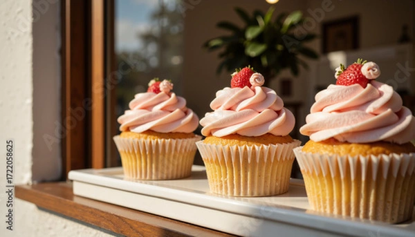 Fototapeta Three cupcakes with pink frosting and strawberries on a windowsill  
