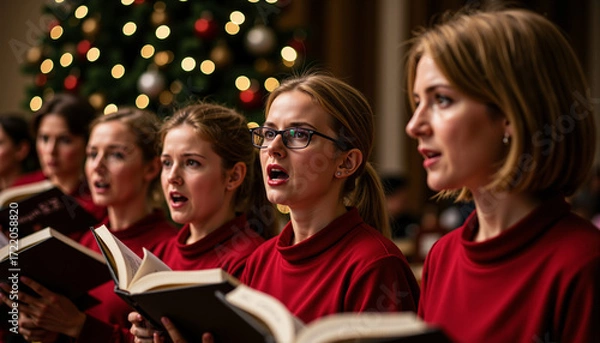 Fototapeta Christmas choir singing in elegant attire with open hymn books  