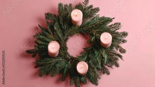 Fototapeta Festive holiday wreath with candles and evergreen branches on pink background