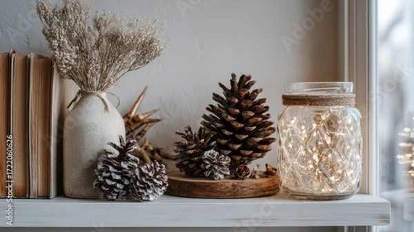 Obraz Cozy winter decor with pine cones and fairy lights on wooden shelf