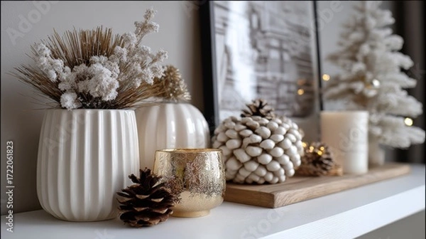 Fototapeta Elegant winter decor with vases, pine cones, and festive accents on shelf