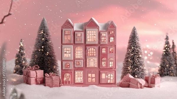 Obraz Festive winter scene with pink dollhouse, snowy trees, and gifts in pink glow