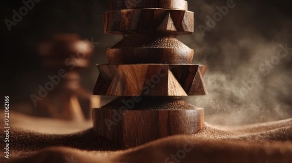 Obraz Abstract wooden sculptures on sandy surface with soft lighting