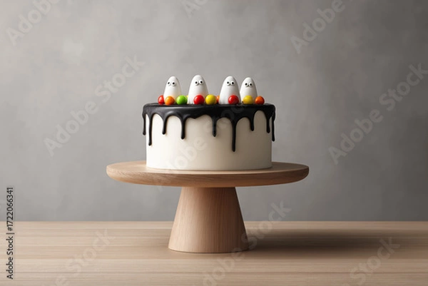 Fototapeta Festive ghost cake decorated with colorful candies on a wooden stand in a simple setting