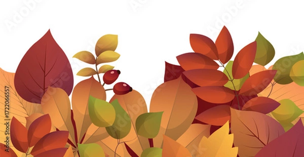 Fototapeta Realistic autumn foliage, white background with space for text - Vector illustration