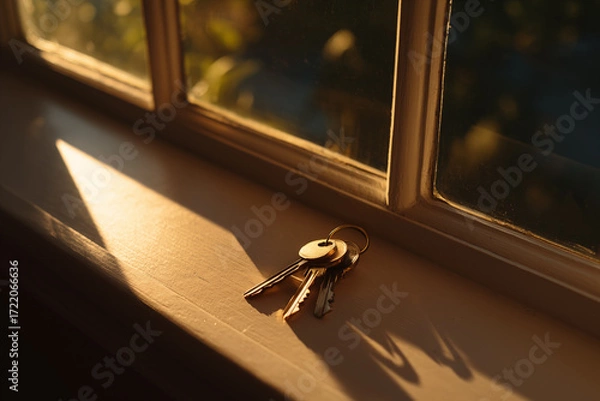 Fototapeta Keys resting on a windowsill with warm sunlight casting soft shadows in a cozy room