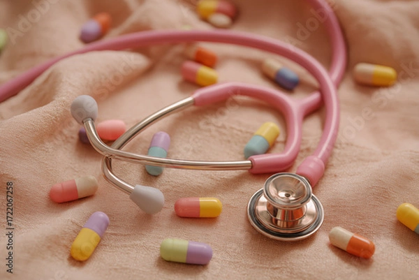 Fototapeta Stethoscope and colorful pills arranged on a soft surface, depicting healthcare equipment and medication